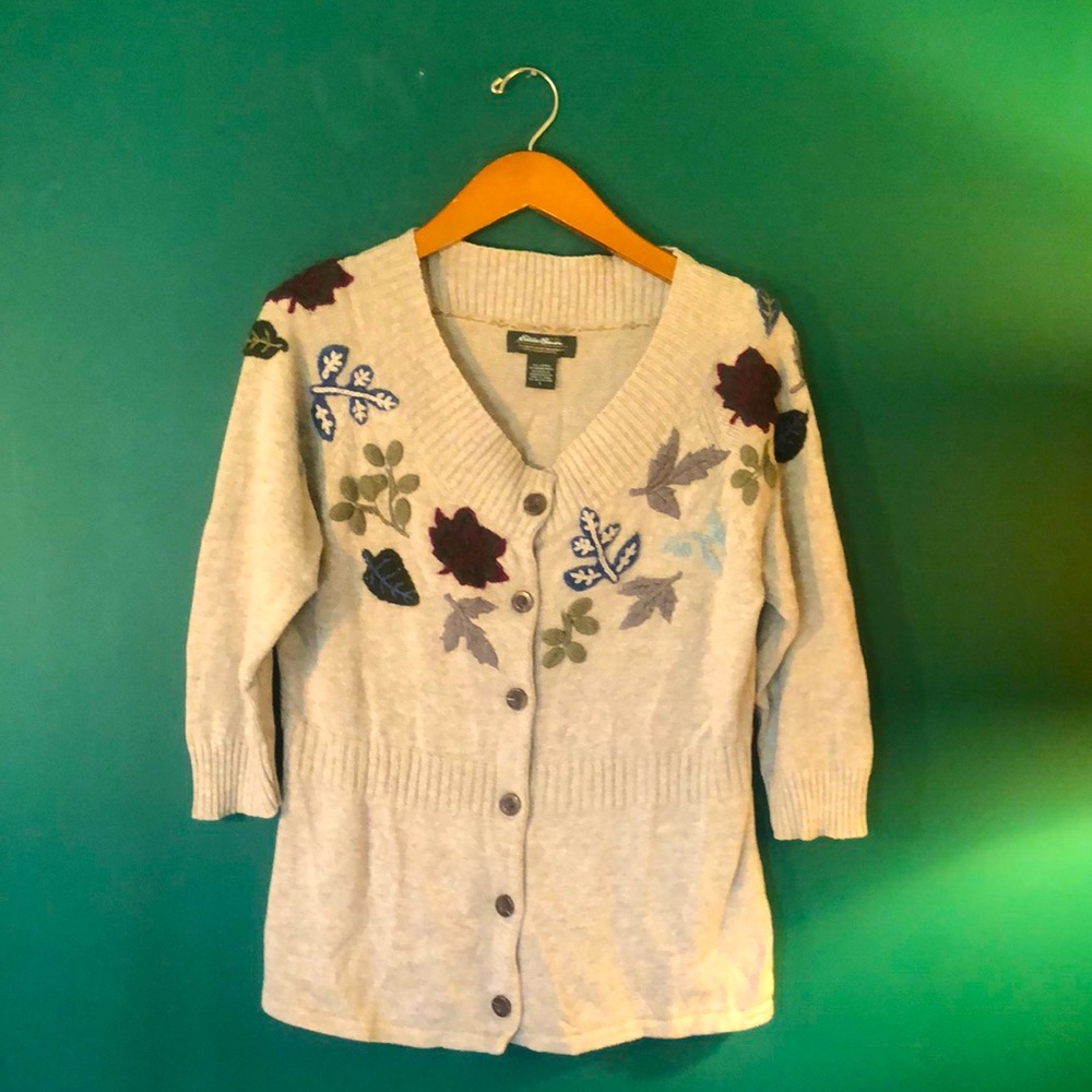 Eddie Bauer 3/4 Sleeve Cotton/Merino Wool Cardigan L